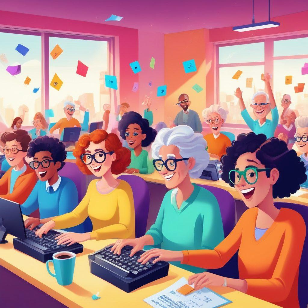 A colorful illustration depicting a diverse group of people of various ages enthusiastically engaged in typing exercises at a vibrant workspace. Include fun elements like animated letters flying around, playful typing challenges on screens, and encouraging motivational quotes scattered in the background. The atmosphere should be lively and inviting, inspiring creativity and learning. bright colors. cartoon style. whimsical elements.