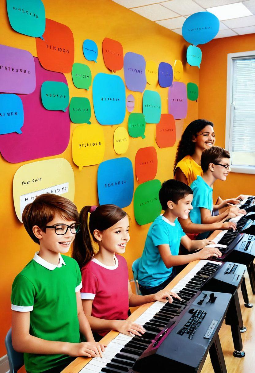 A whimsical classroom setting with colorful walls filled with playful typing exercises on the board. In the foreground, diverse kids joyfully typing on colorful keyboards, surrounded by floating speech bubbles showing fun tips & tricks. A friendly robot nearby encouraging them. Bright and cheerful atmosphere with vibrant colors. digital illustration. cartoon style.